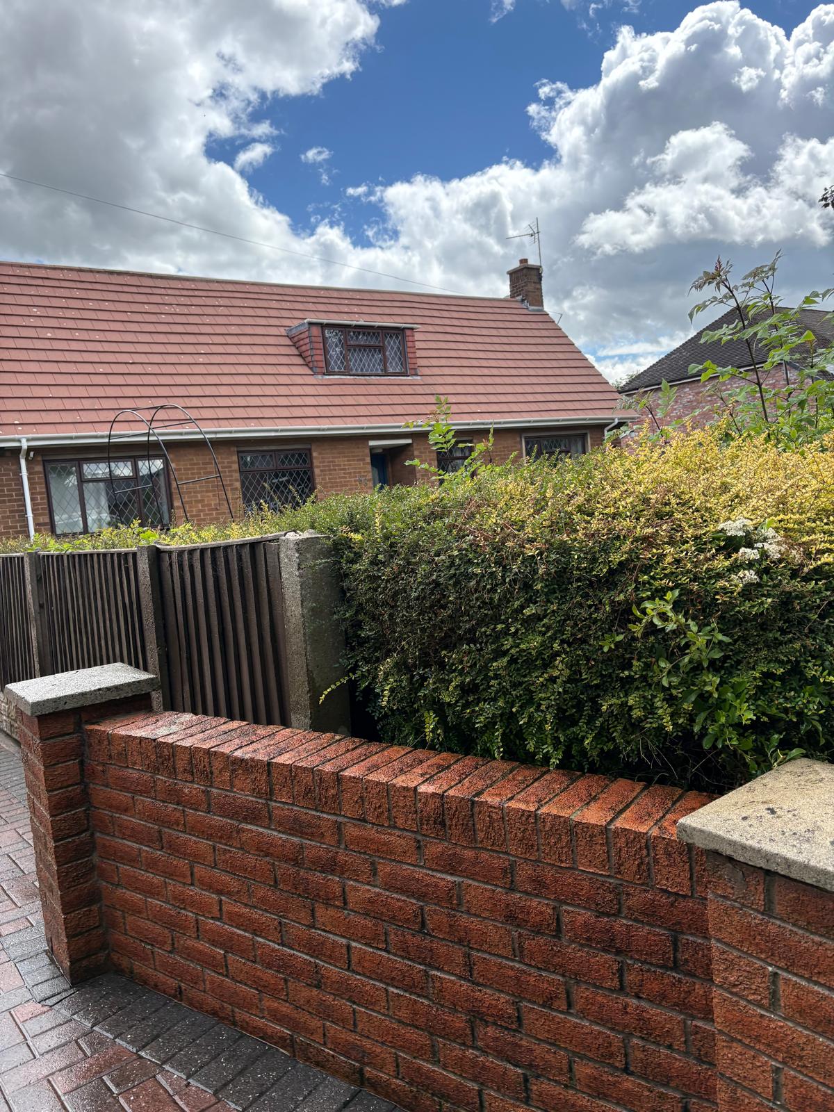 Brick wall and pavement after pressure washing - clean red brickwork restored
