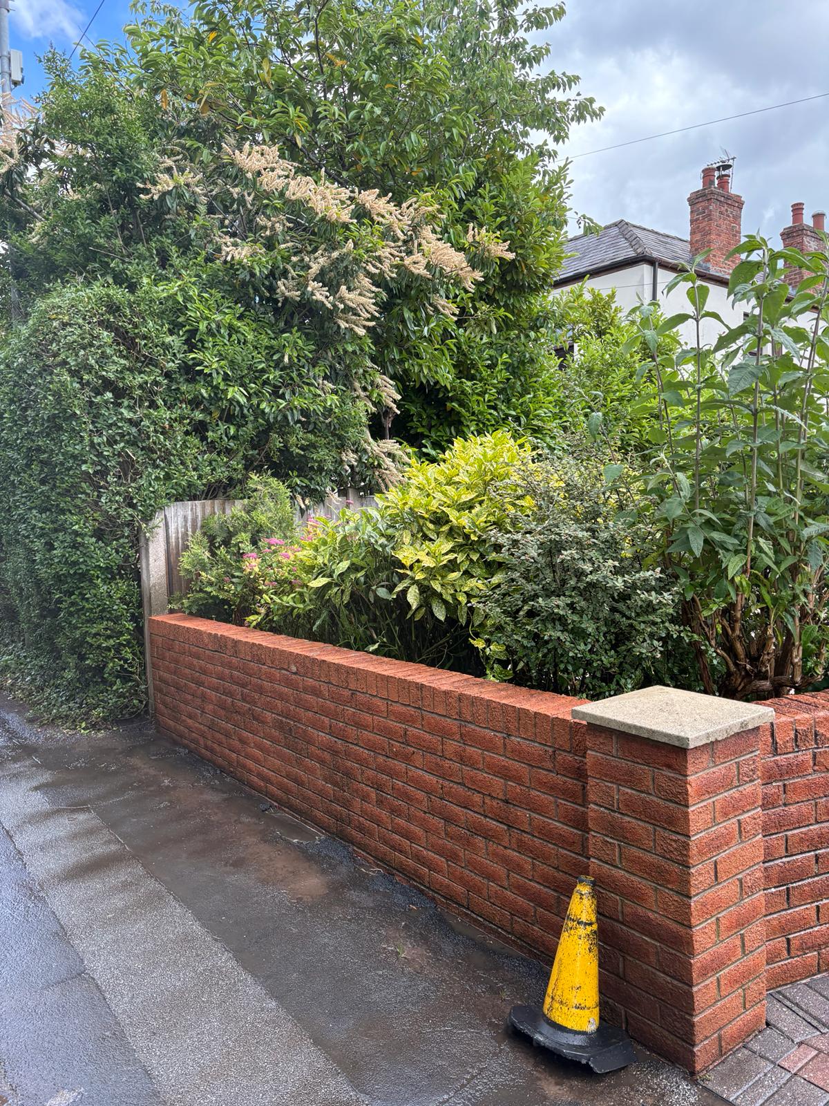 Brick boundary wall after pressure washing - vibrant red brickwork restored